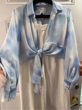 Calvin Klein Light Blue Tie-Front Sheer Button-Down